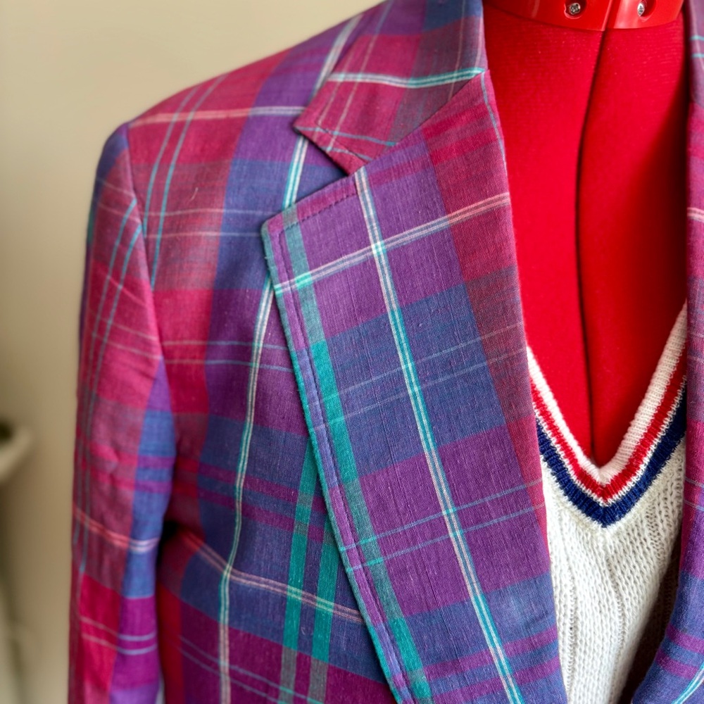 Vibrant Pink & Purple Plaid Men's Blazer - Picture 13 of 16
